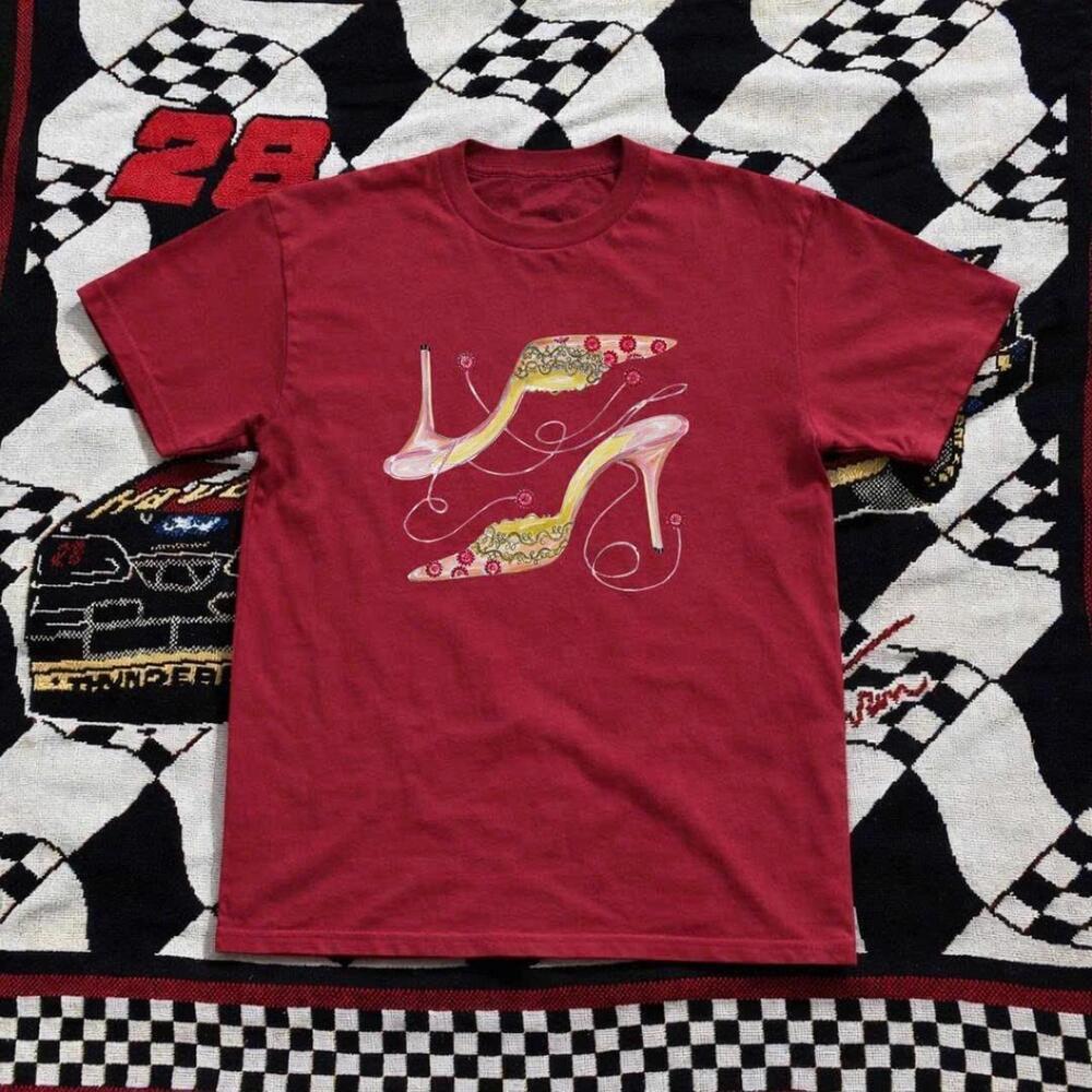 Red Graphic Tee With Gold And White High Heels